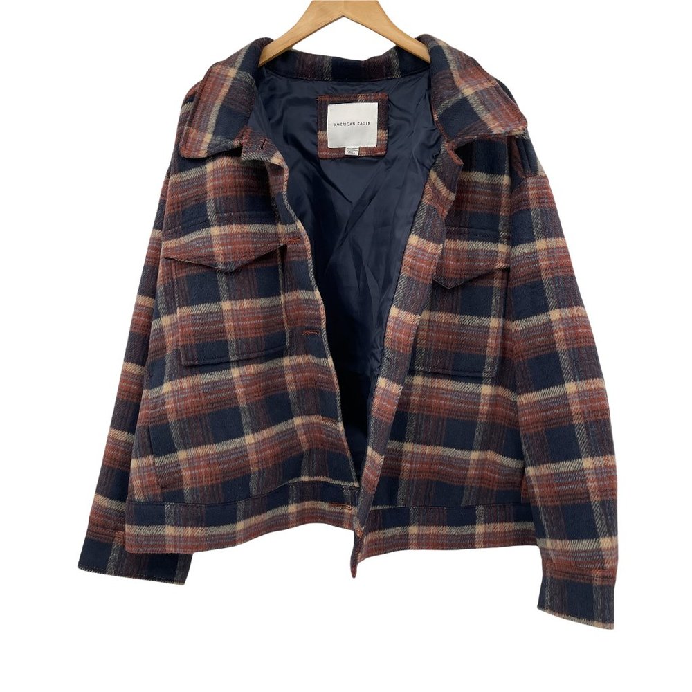 American Eagle Navy Plaid Oversized Lined Shacket Outdoor XXL Shirt Jacket EUC